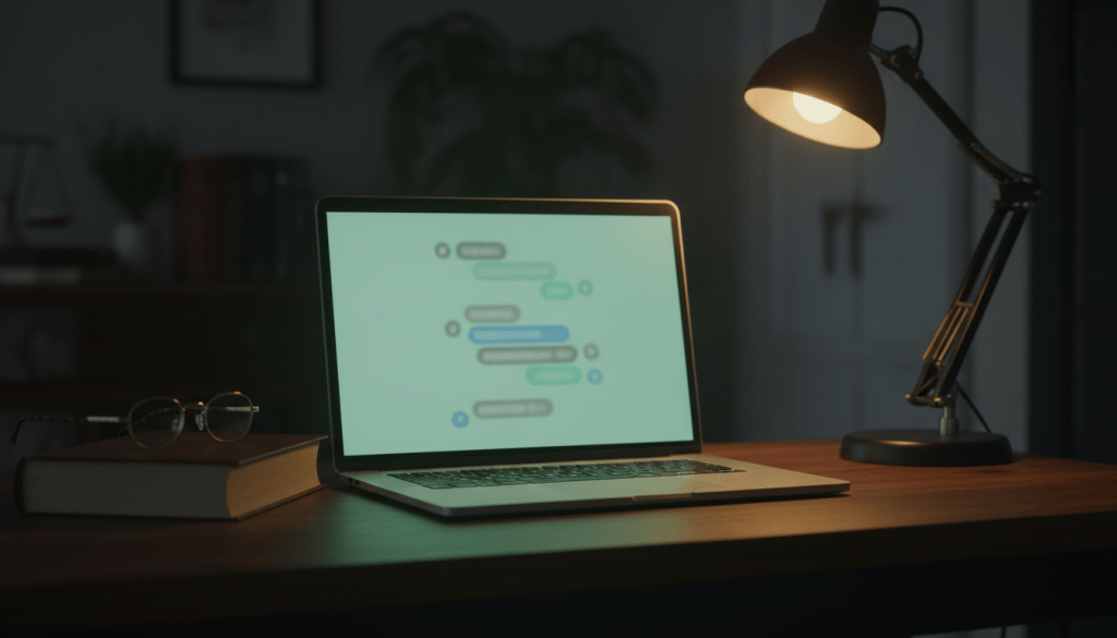 Laptop showing a chat interface on a desk at night beside a law book and glasses