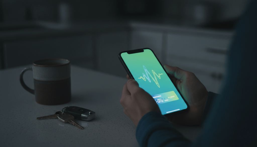 Hands holding a phone showing an AI assistant screen in a dim kitchen at night