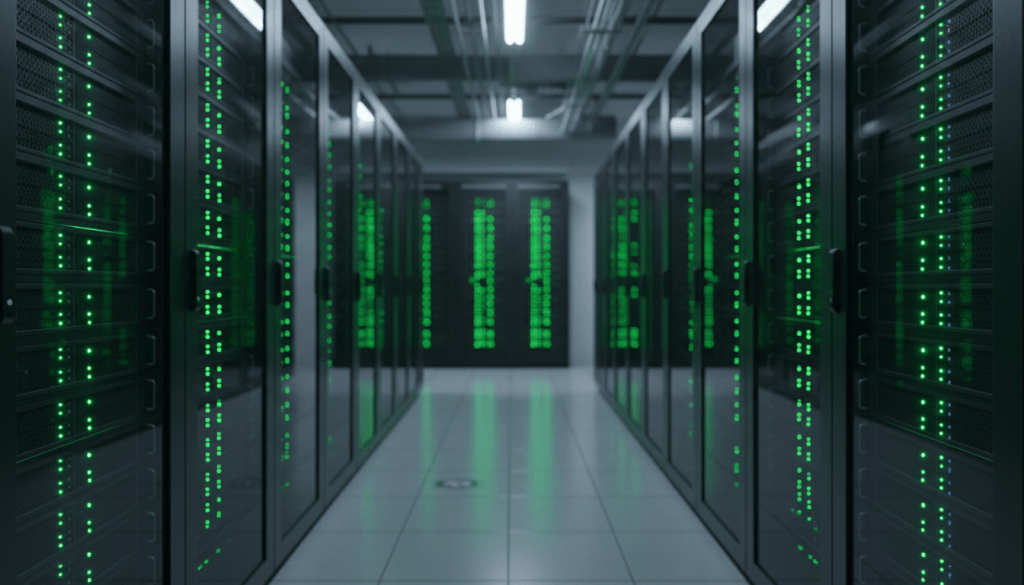 Aisle of server racks lit by small green status lights